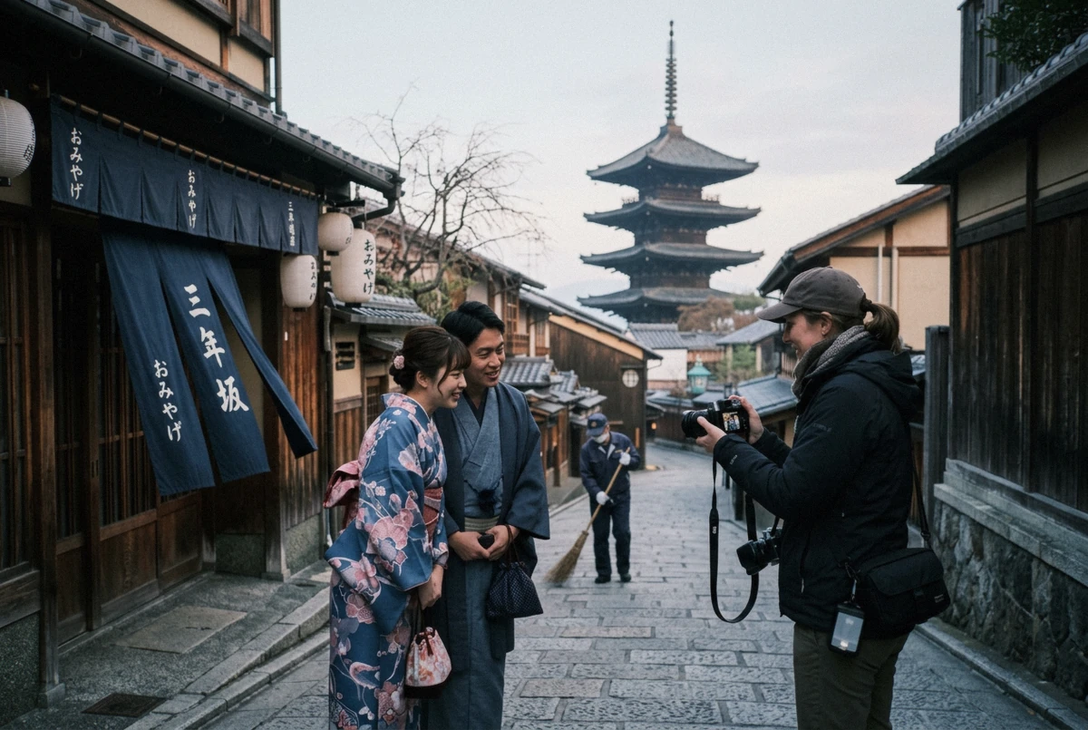 Photographer reviewing frames with a couple beneath the Yasaka Pagoda at dawn, one of the classic Kyoto photo spots