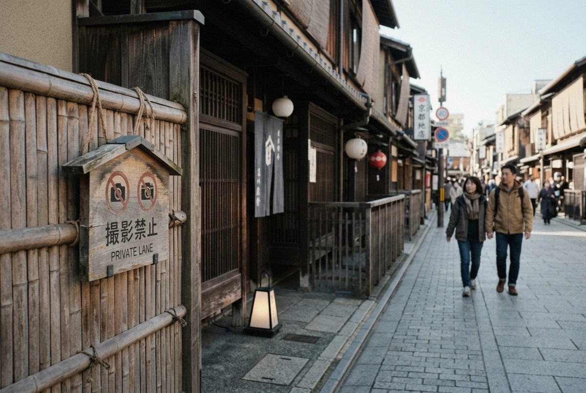 A posted no-photography sign on a narrow private lane in Gion, Kyoto, illustrating the Gion photography rules tourists must follow