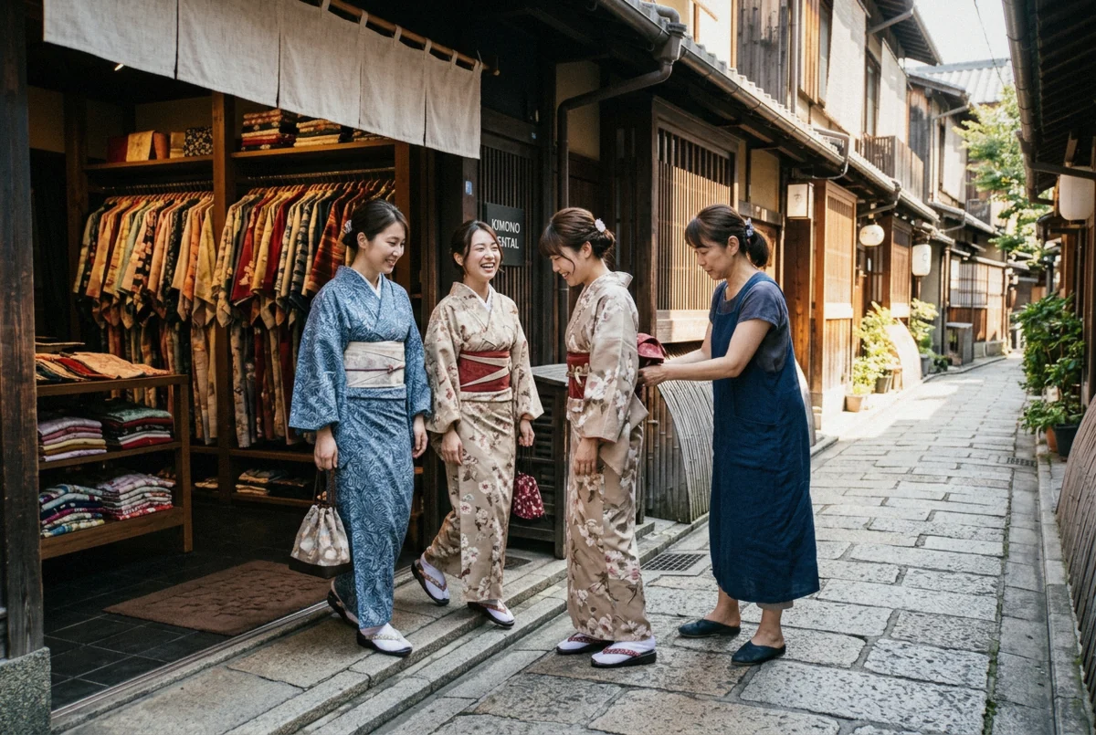 A visitor being dressed in a rented kimono by shop staff, part of the kimono rental kyoto fitting process