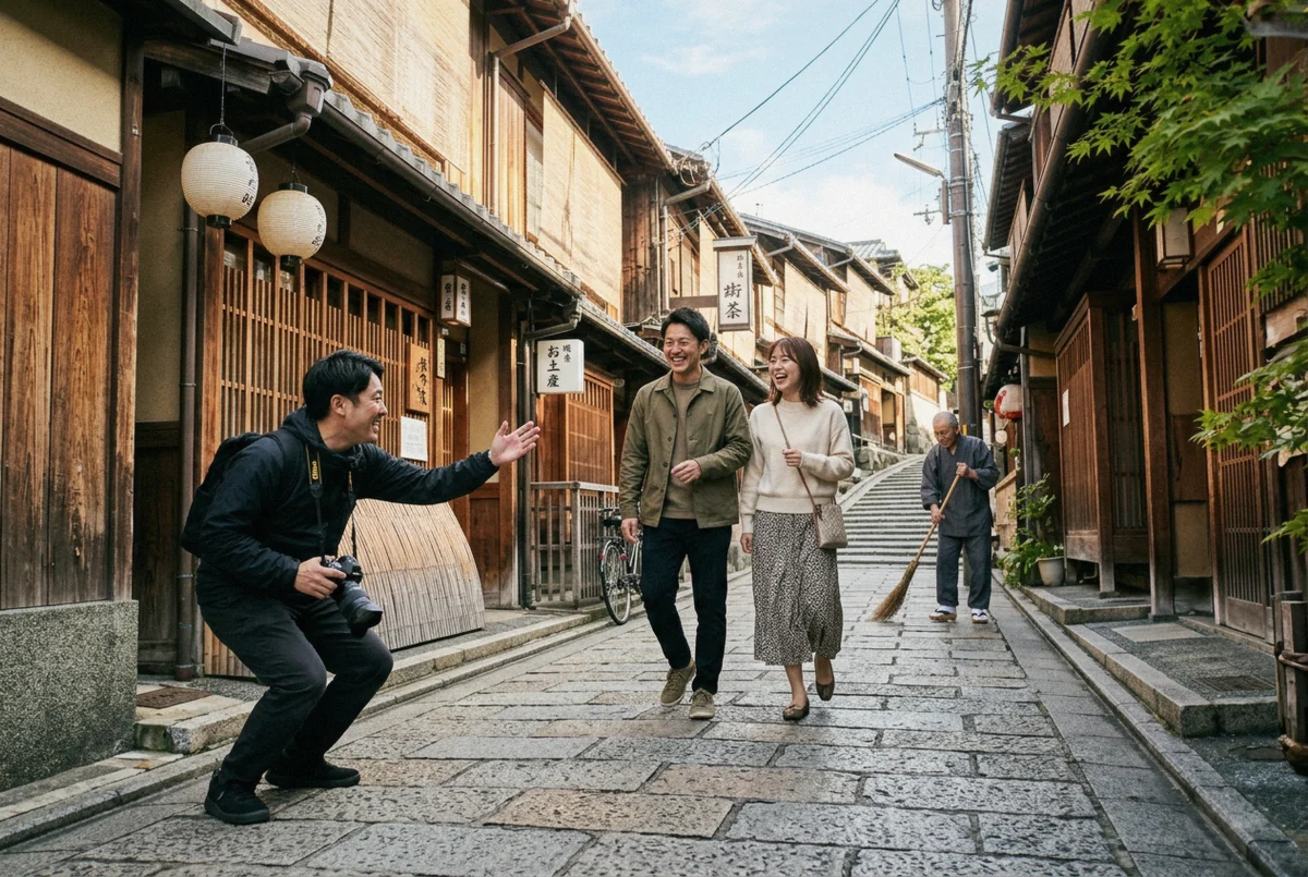 Traveller seen from behind mid-photoshoot on a stone Kyoto lane, camera raised, what to expect kyoto photoshoot