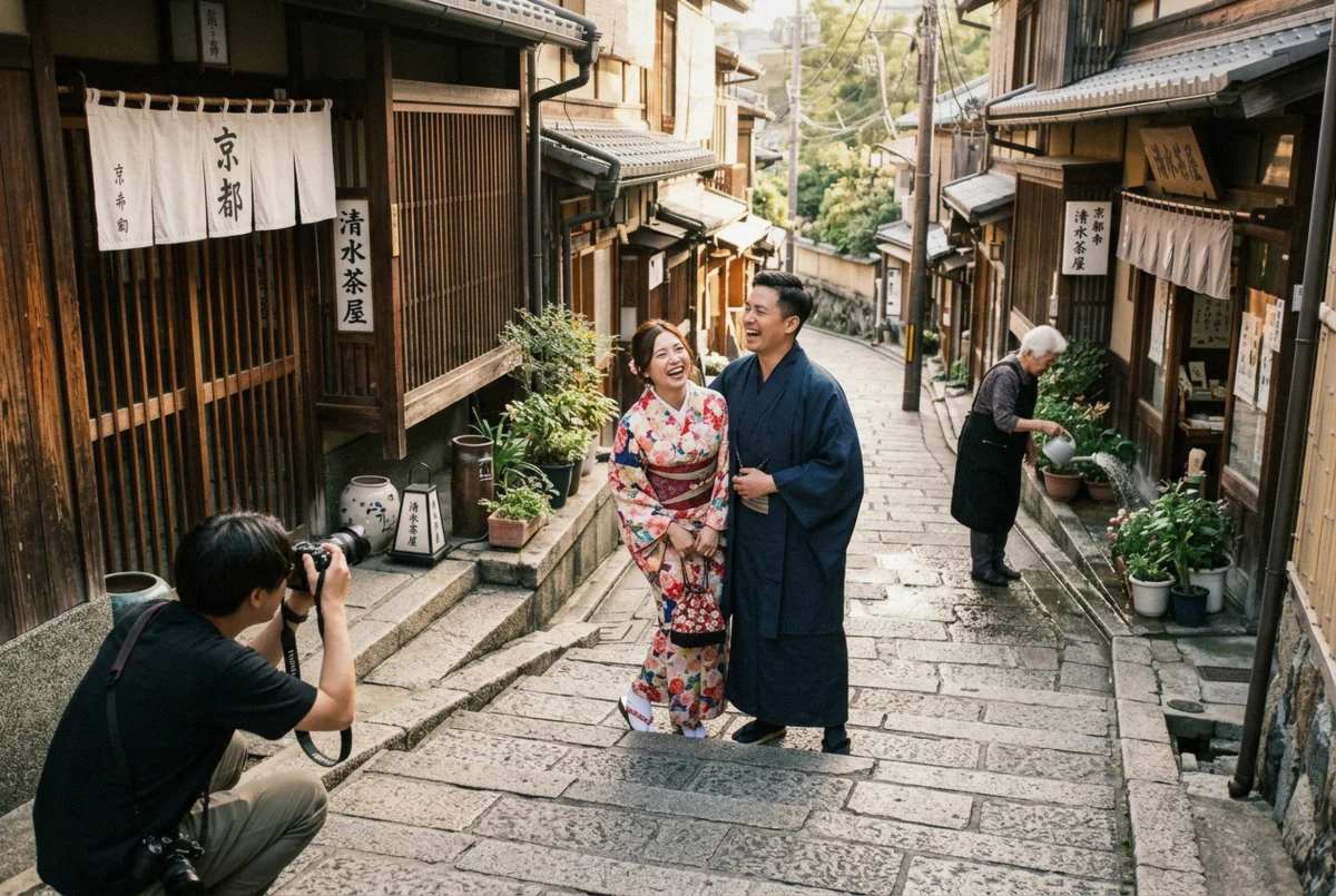 A couple mid-laugh as a photographer directs them during a Kyoto photoshoot on a quiet stone lane, unposed and candid