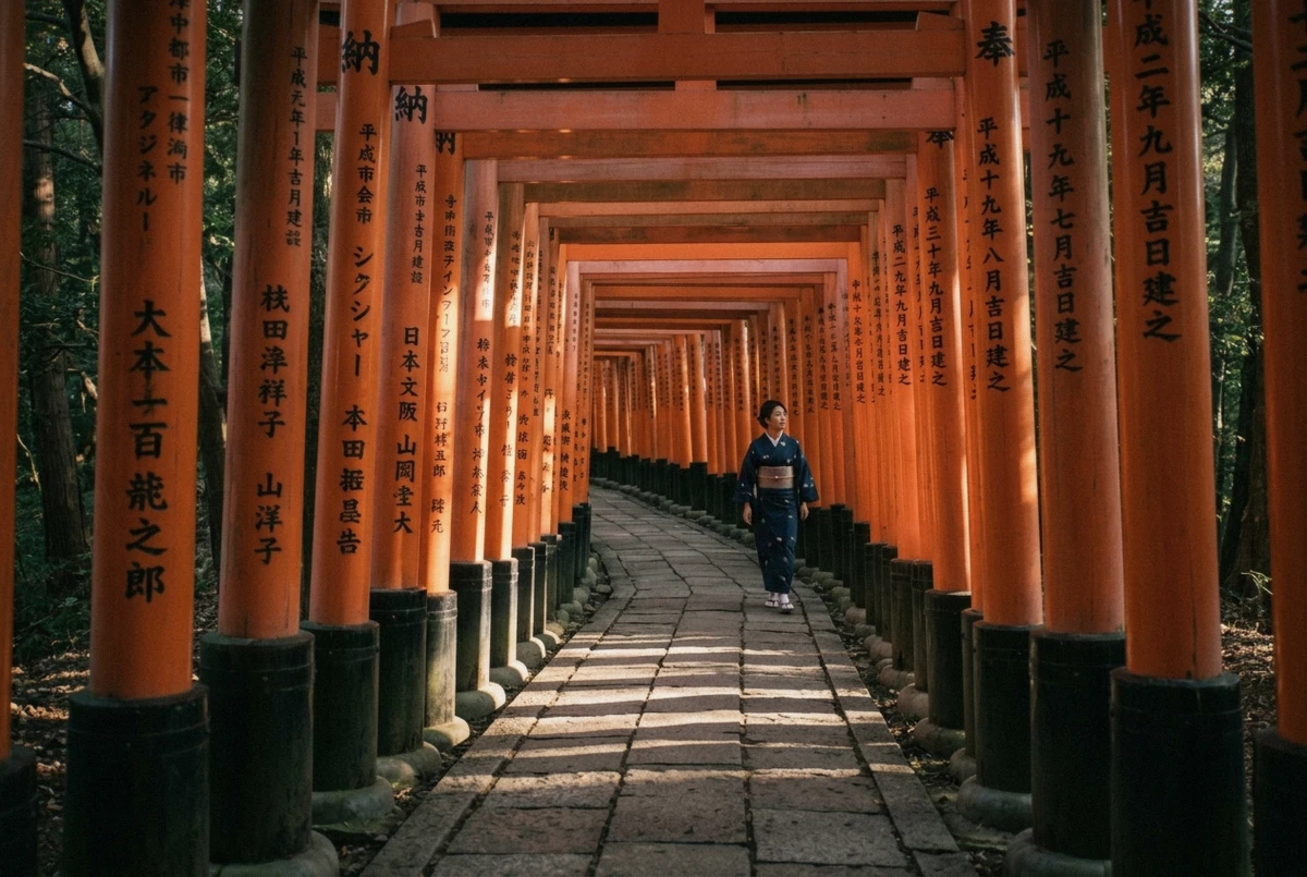 Traveller walking through the vermilion torii gate tunnel of Fushimi Inari during a Kyoto photoshoot
