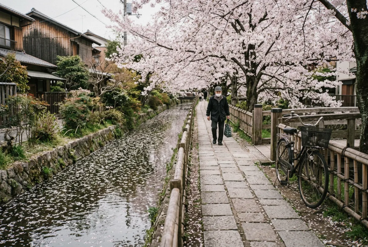 Stone canal path under cherry trees on the Philosopher's Path, a seasonal Kyoto photoshoot location