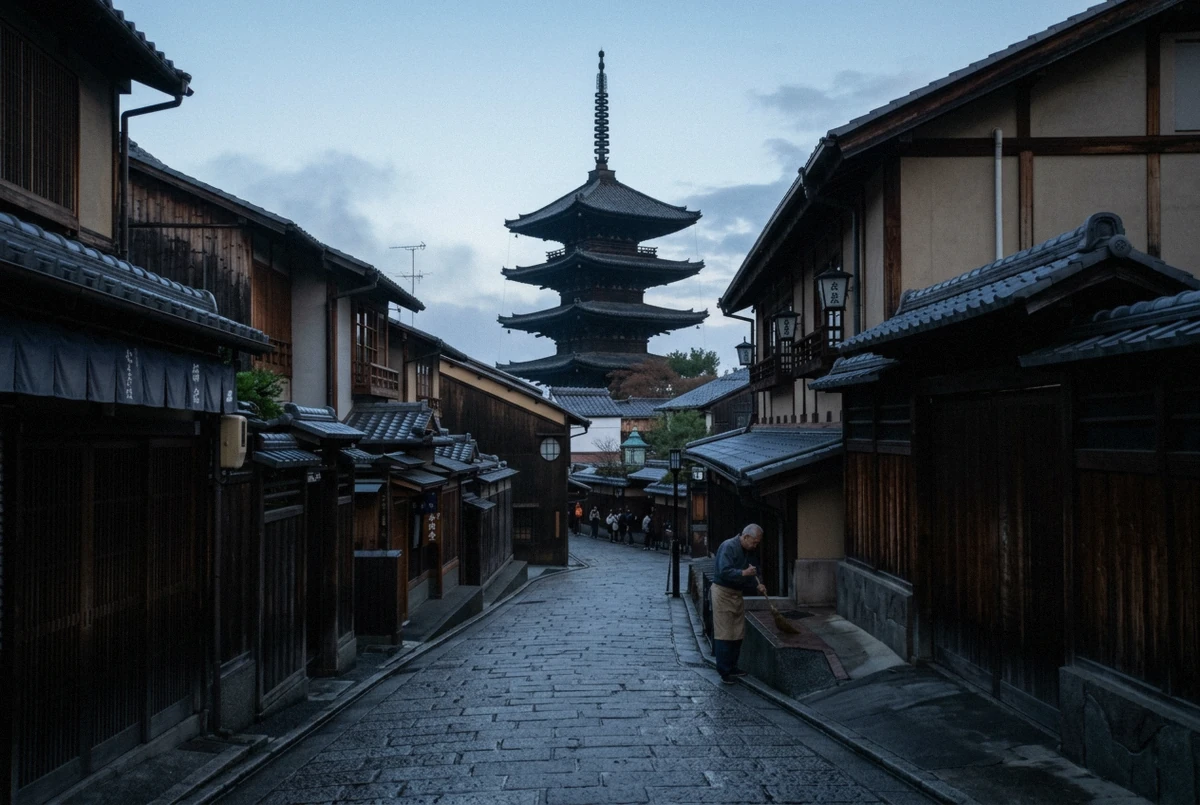 Yasaka Pagoda above the empty Sannenzaka lane at dawn, the signature backdrop of a Kyoto photoshoot