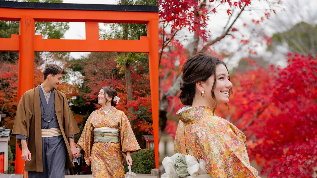 A local photographer directing a couple during a private Kyoto photoshoot in the historic streets of Higashiyama, Kyoto