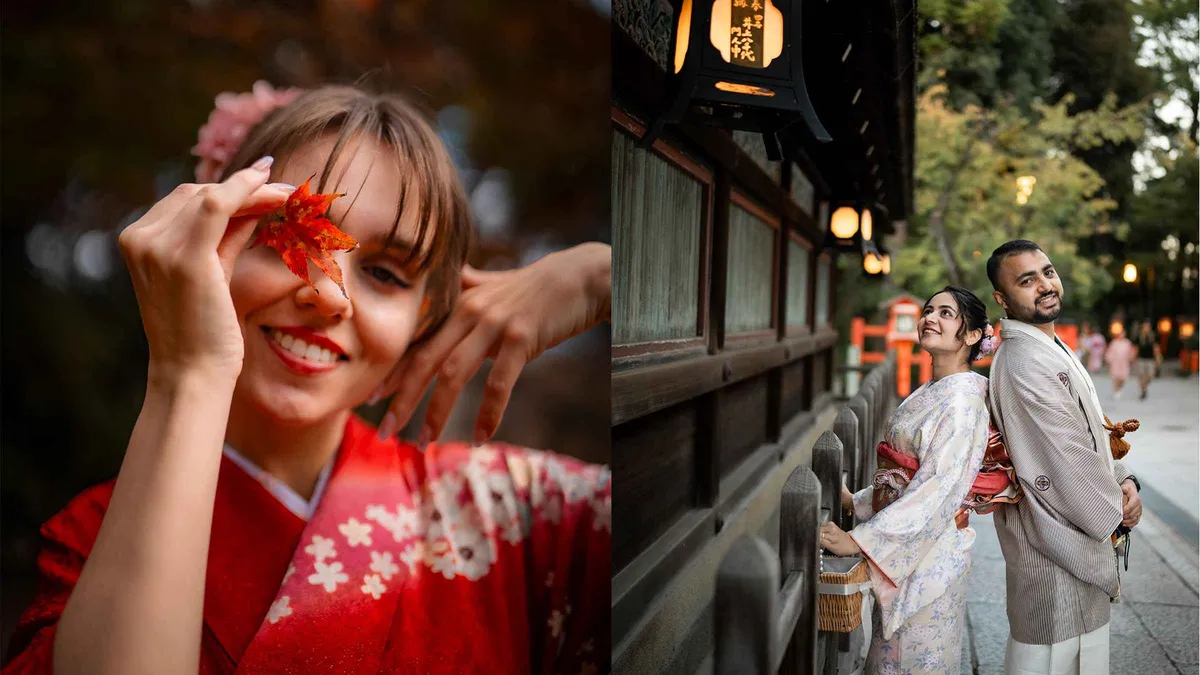 Traveller posing beneath the red torii gates of Fushimi Inari during a private Kyoto photoshoot, Kyoto, Japan