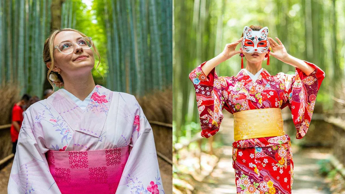 Couple photographed among towering green stalks of the Arashiyama Bamboo Grove during a private Kyoto photoshoot